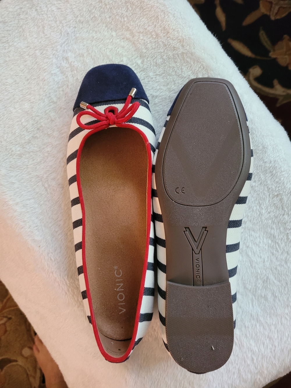 Vionic Navy and White Striped Ballet Flat with Red Trim
